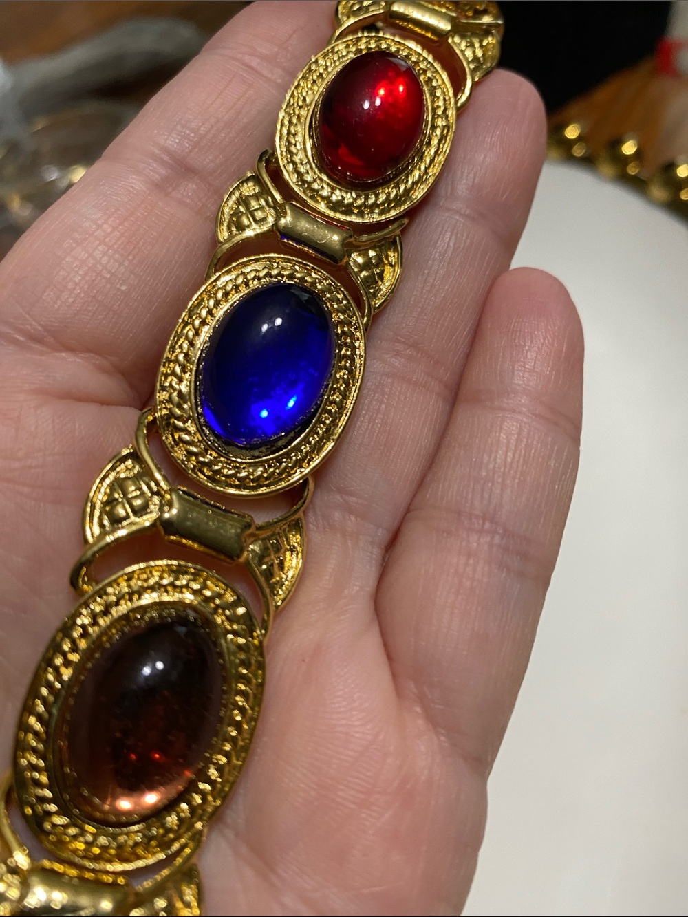 VTG Gold Tone Multicolor Cabochon Link Bracelet - Picture 2 of 7